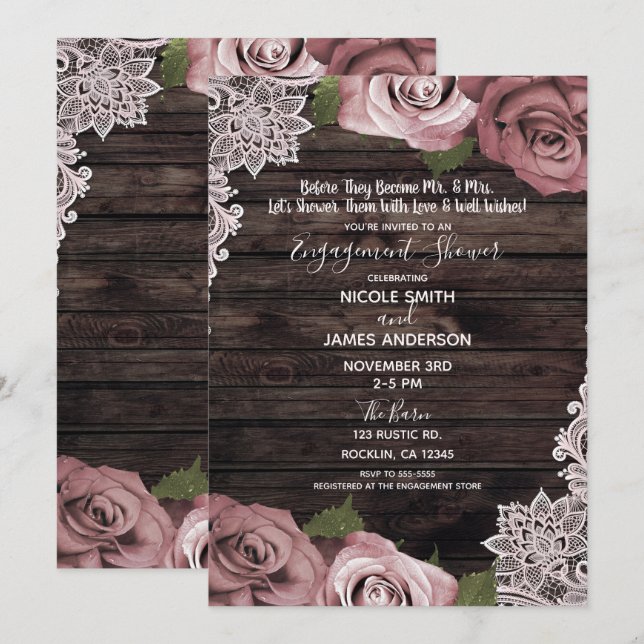 Invitation Rose florale rose poussiéreuse Bois rustique Engag (Devant / Derrière)