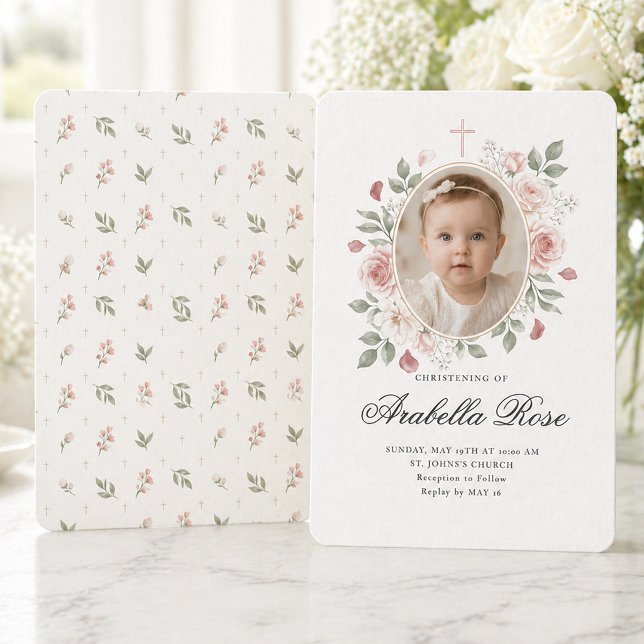 Invitation Rose Florale Script Rose Blush Douce Photo (Elegant Pink Floral Christening Invitation with Photo)