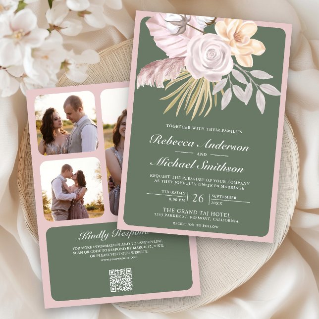Invitation Rose Florale Verte Sage Rustique Code QR Mariage (Créateur téléchargé)