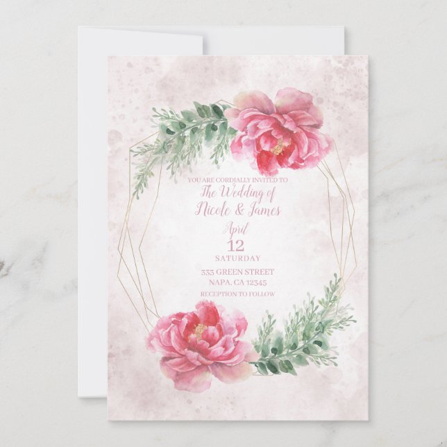 Invitation Rose Floralité Aquarelle Mariage (Devant)