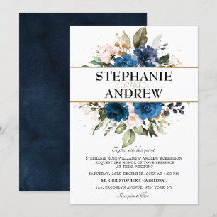 Invitation Rose flou bleu de la marine romantique Mariage flo