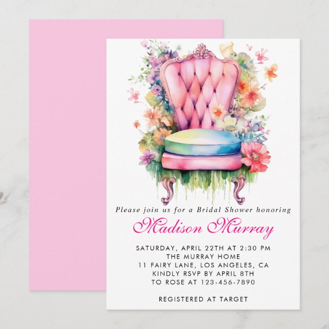 Invitation Rose Foncé Floral Fleur Chaise Mariage Fille (Devant / Derrière)