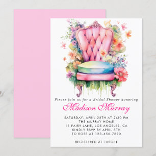 Invitation Rose Foncé Floral Fleur Chaise Mariage Fille