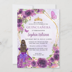 Invitation Rose foncé or Floral Princesse Quinceañera