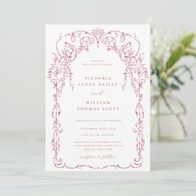 Invitation Rose foncé Victorian Frame Mariage (Debout devant)