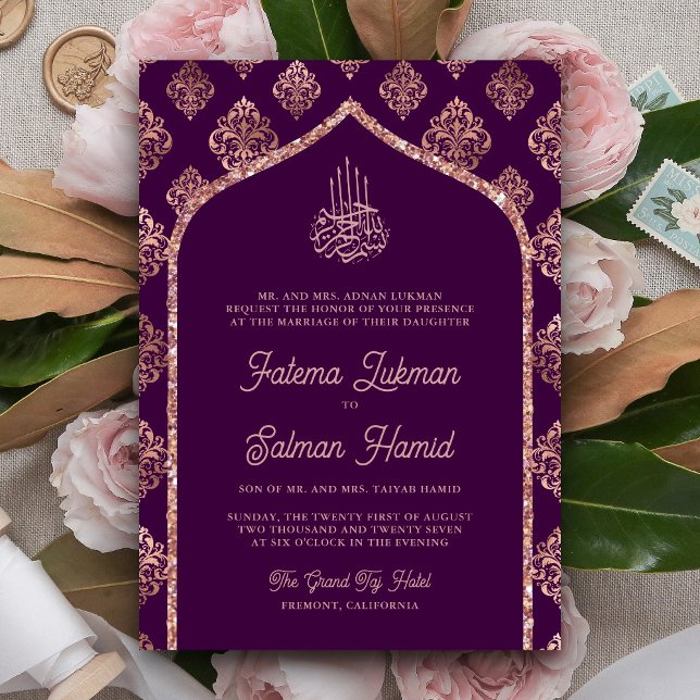 Invitation Rose foncé violet or Damask Arch Mariage musulman (Créateur téléchargé)