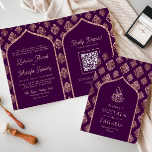 Invitation Rose foncé violet or Damask Arch QR Code musulman