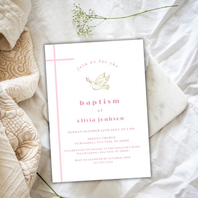 Invitation Rose Français Simple Baptême Baptême Fille Baptême (Pink French Simple Bird Christening Girl Baptism Invitation)