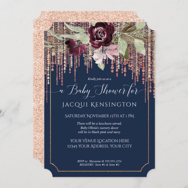 Invitation Rose Fringe Gold Burgundy Floral Baby shower (Devant / Derrière)