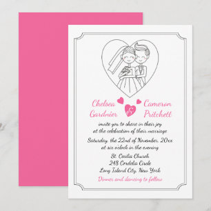 Invitation Rose Fuchsia & Blanc Mariage Dessin Animé Mariée &