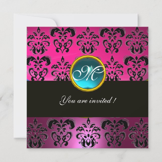 Invitation ROSE FUCHSIA NOIR DAMAS MONOGRAMME, bleu aigue-mar (Devant)