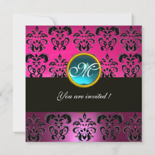 Invitation ROSE FUCHSIA NOIR DAMAS MONOGRAMME, bleu aigue-mar