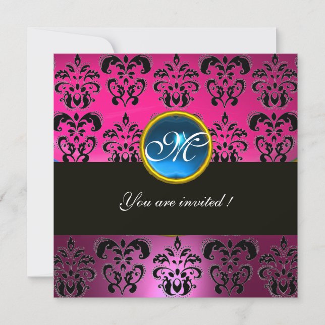 Invitation ROSE FUCHSIA NOIR DAMAS MONOGRAMME, saphir bleu (Devant)