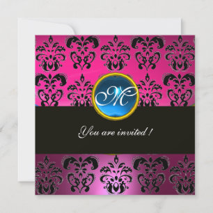 Invitation ROSE FUCHSIA NOIR DAMAS MONOGRAMME, saphir bleu