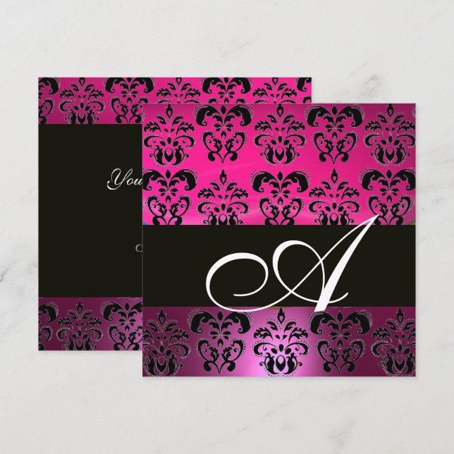 INVITATION ROSE, FUCHSIA NOIR, DAMAS VIOLET BLANC MONOGRAMME (Devant / Derrière)