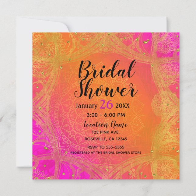 Invitation Rose Fuchsia Orange Doré Indien Mariage Mandala (Devant)
