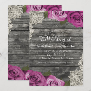 Invitation Rose Fuchsia Profond Gris Bois Rustique Mariage De