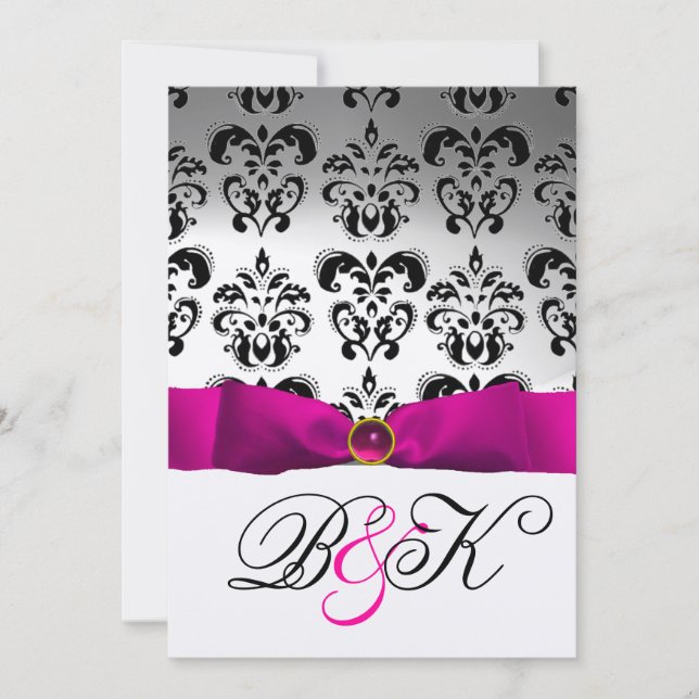 INVITATION ROSE FUCHSIA RIBBON BLANC BLACK DAMASK MONOGRAM (Devant)