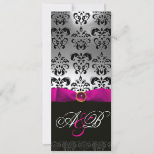 INVITATION ROSE FUCHSIA RIBBON BLANC BLACK DAMASK MONOGRAM