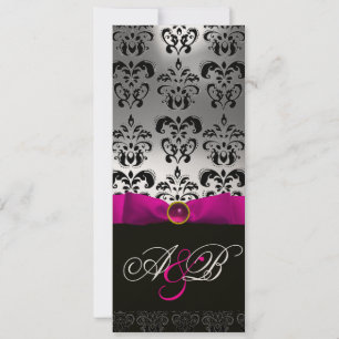 INVITATION ROSE FUCHSIA RIBBON BLANC BLACK DAMASK MONOGRAM