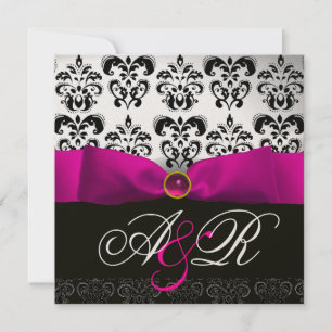 INVITATION ROSE FUCHSIA RIBBON BLANC BLACK DAMASK MONOGRAM