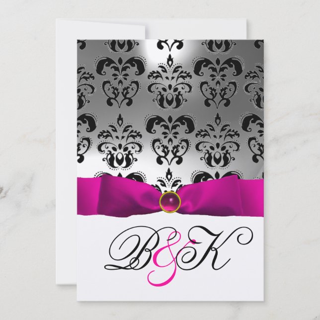INVITATION ROSE FUCHSIA RIBBON BLANC BLACK DAMASK MONOGRAM (Devant)