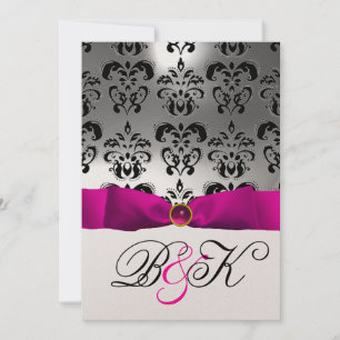 INVITATION ROSE FUCHSIA RIBBON BLANC BLACK DAMASK MONOGRAM