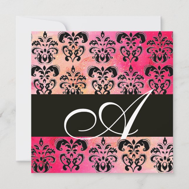 Invitation ROSE FUCHSIA ROUGE BLACK DAMASK MONOGRAM, blanc (Devant)