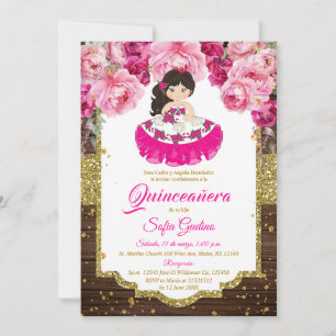 Invitation Rose Fuschia Cute Girl Quinceañera Bois rustique