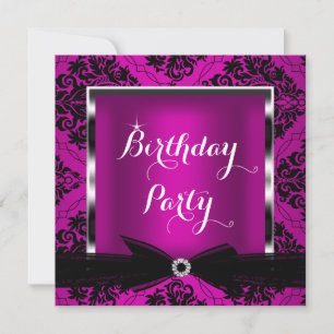 Invitation Rose Fuschia Damas Argent Noir Fête d'anniversaire