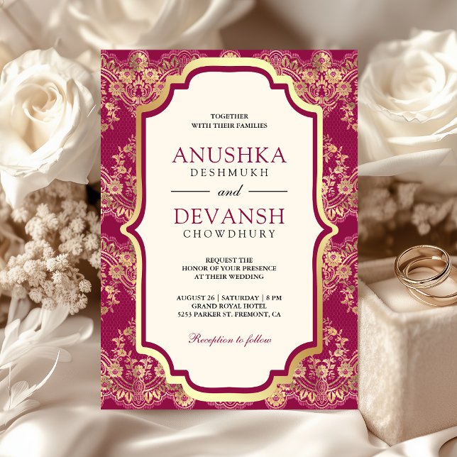 Invitation Rose Fuschia Or Lace Dorée Mariage Indien (Créateur téléchargé)