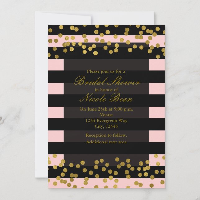 Invitation Rose gêné & Rayures noires points de feuille d'or  (Devant)