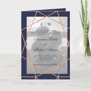 Invitation Rose Géométrique Midnight Blue Photo Mariage plié