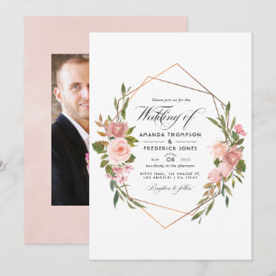 Invitation Rose géométrique or et rose blush pour photo de ma