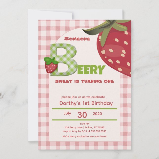 Invitation Rose Gingham Fraise Baie Premier Anniversaire Invi (Devant)