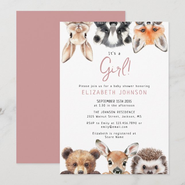 Invitation Rose Girl Cute Forest Baby shower des animaux de b (Devant / Derrière)
