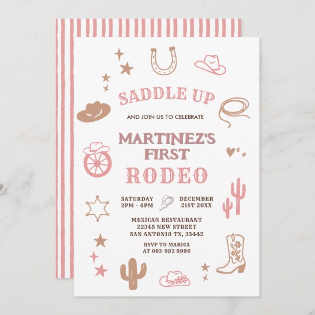 Invitation Rose Girl My First Rodeo Cowgirl Birthday (Devant / Derrière)