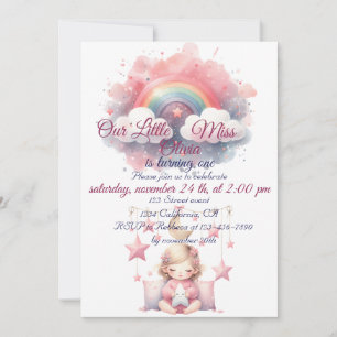 Invitation Rose Girl Rainbow Star Anniversaire
