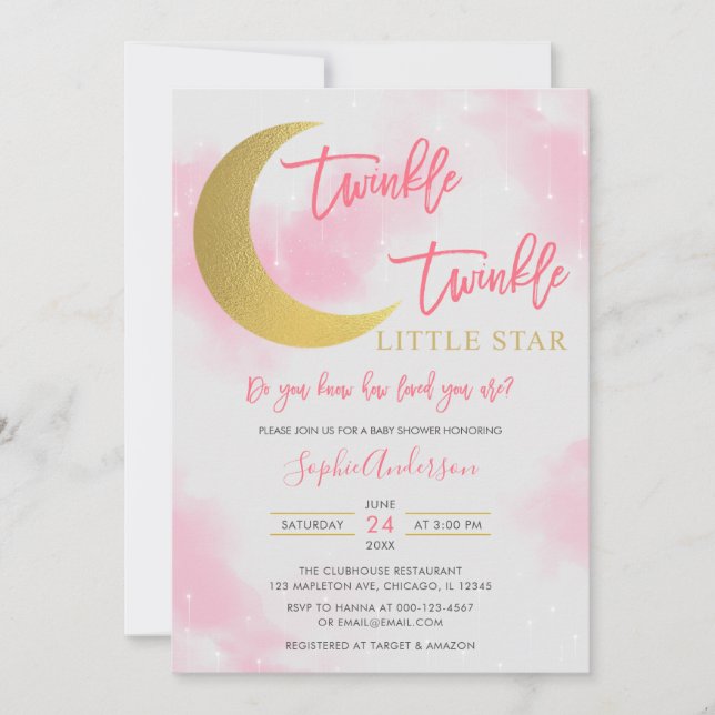Invitation Rose Girl Twinkle Twinkle Little Star Baby shower (Devant)