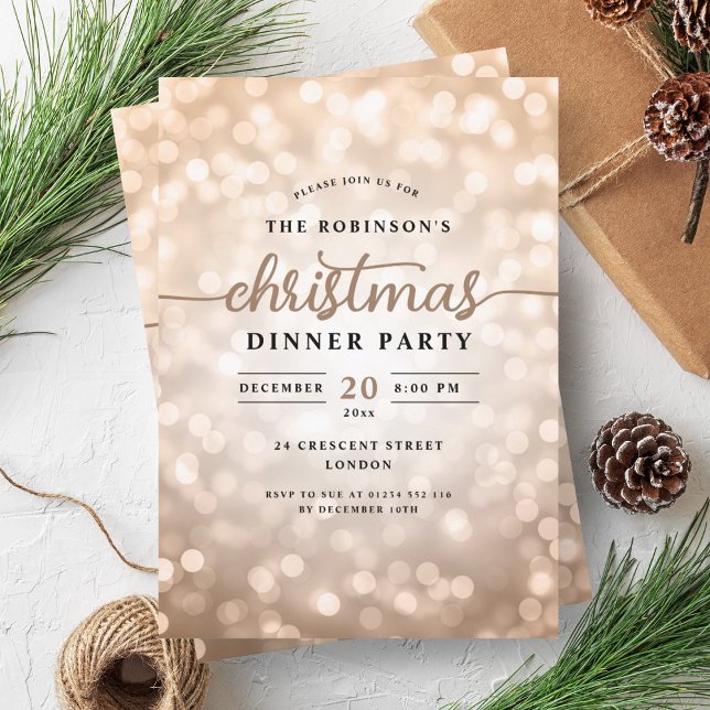 Invitation Rose glamour Gold Lights Noël Dîner fête (Glamorous Rose Gold Lights Christmas Dinner Party Invitation)