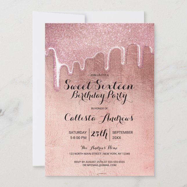Invitation Rose glamour Parties scintillant épaisse gouttes d (Devant)