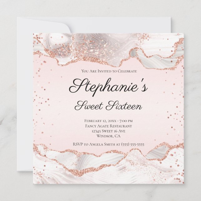Invitation Rose Glittery Or Blanc Agate Blush Sweet sixteen (Devant)