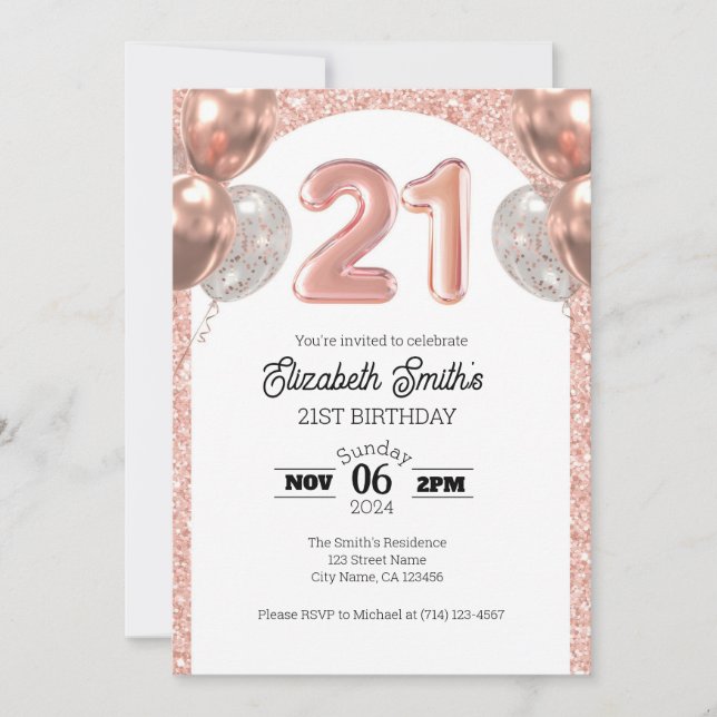 Invitation Rose Gold 21e anniversaire Modèle d'invitation (Devant)