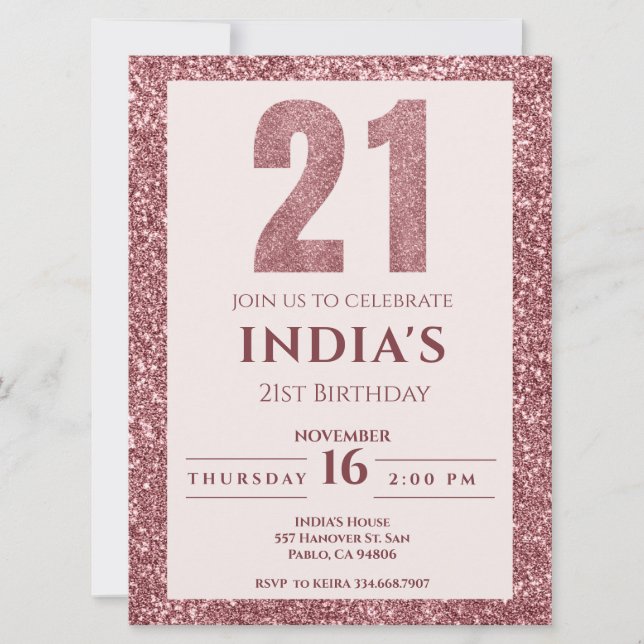 Invitation Rose Gold 21e fête d'anniversaire (Devant)
