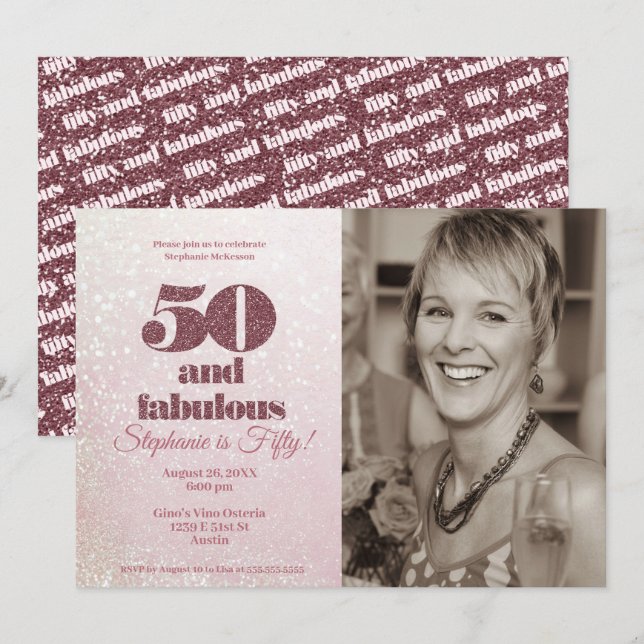 Invitation Rose Gold 50 et fabuleux Elégant Cinquante Anniver (Devant / Derrière)