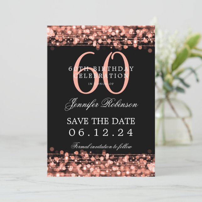 Invitation Rose Gold 60th Birthday Enregistrer la date avec l (Debout devant)