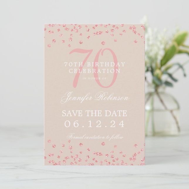 Invitation Rose Gold 70 Anniversaire Date de sauvegarde Confe (Debout devant)