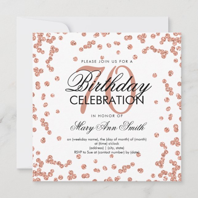 Invitation Rose Gold 70th Birthday Elegant Parties scintillan (Devant)