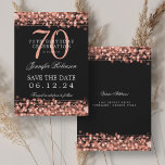 Invitation Rose Gold 70th Birthday Enregistrer la date<br><div class="desc">Elégant design "70th Birthday Party" avec aurore Rose lampes et nom personnalisé et détails texte. Facile à utiliser et facile à personnaliser. Commandez aujourd'hui !</div>