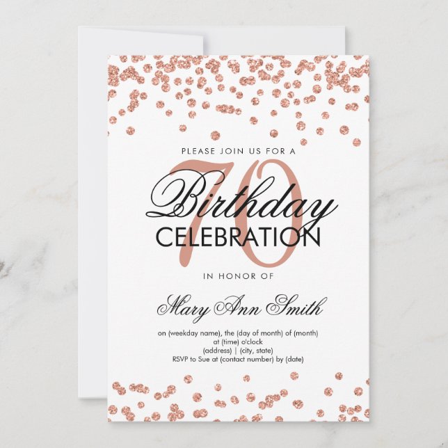 Invitation Rose Gold 70th Birthday Party Parties scintillant  (Devant)